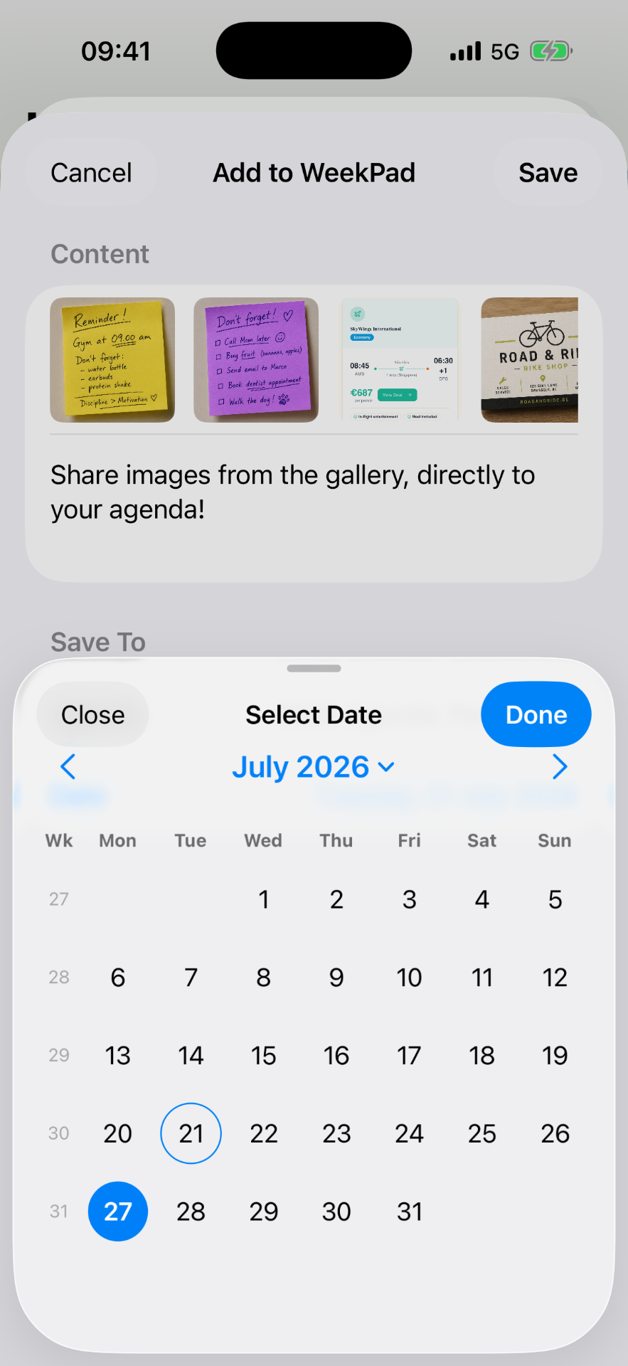 Share it in — WeekPad on iPhone