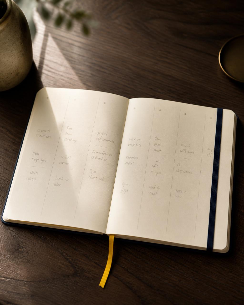 A premium weekly paper agenda open on a walnut desk, with cream pages, a blue elastic band and a yellow bookmark ribbon