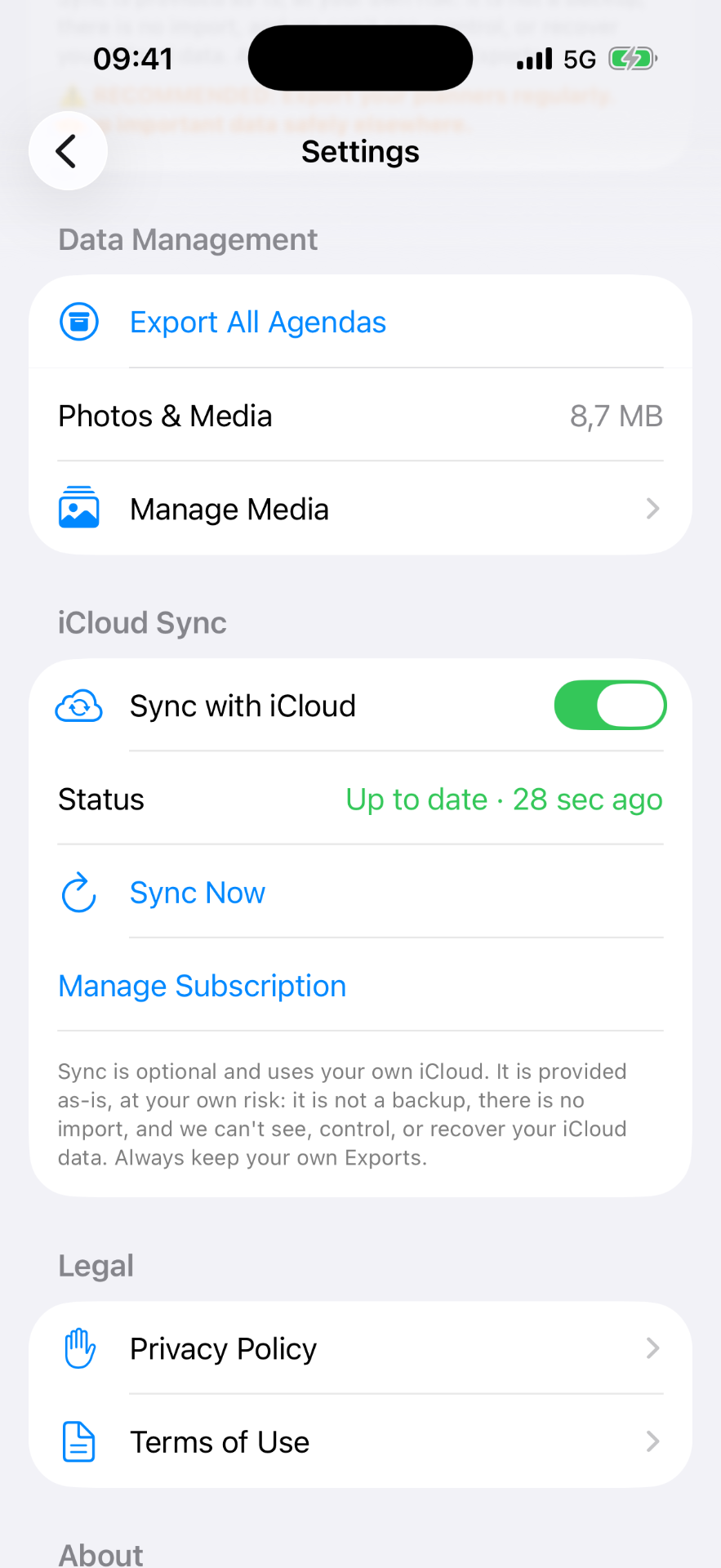 WeekPad settings showing WeekPad Sync and data management